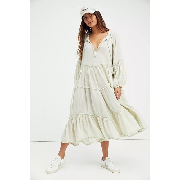 Free People Dresses & Skirts - Free People In The Moment Midi Dress Long Sleeve Flowy Crochet Ruffle S 286029
